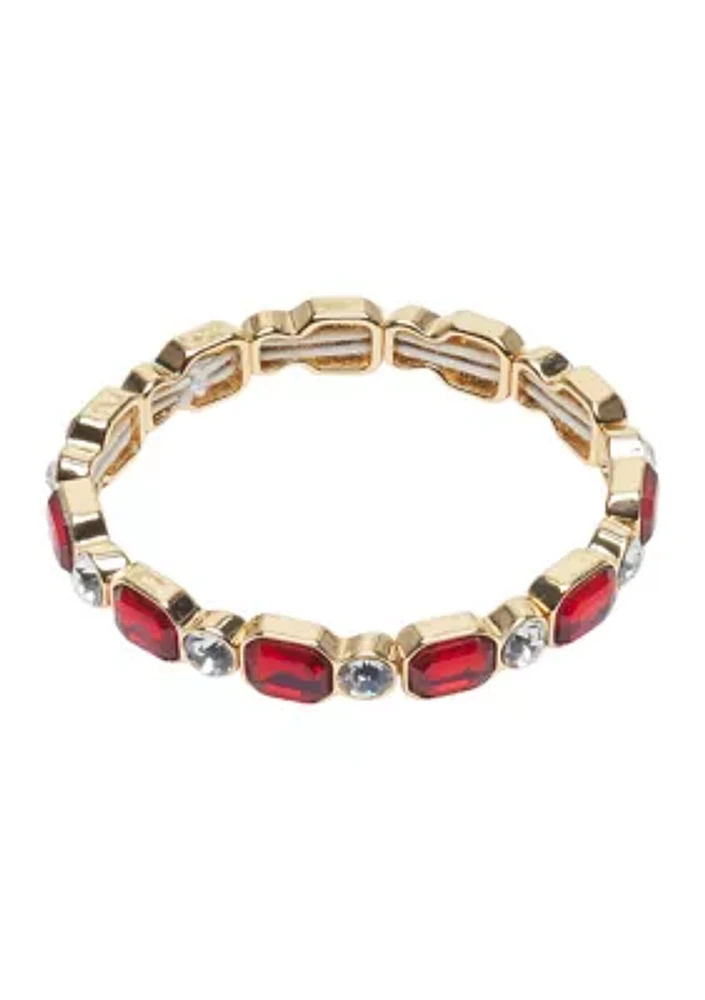 Gold Tone Red Crystal Stretch Bracelet