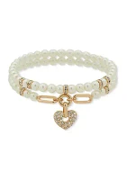 Gold Tone Pearl Crystal 2 Row Heart Stretch Bracelet