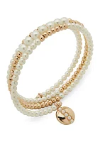 Gold Tone Pearl Disc Charm Coil Bracelet