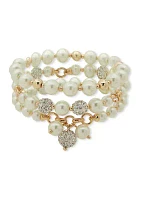 Gold Tone Pearl Crystal 3 Row Stretch Bracelet