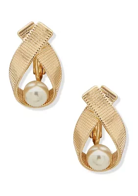 Gold Tone Drop with Pearl Clip Earrings