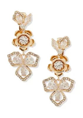 Gold Tone Crystal Flower Double Drop Clip Earrings