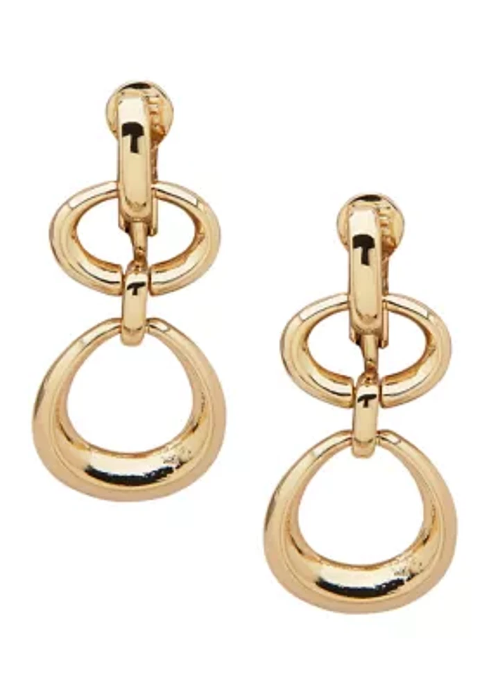 Gold Tone Open Oval Double Drop Clip Earrings