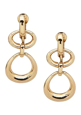 Gold Tone Open Oval Double Drop Clip Earrings