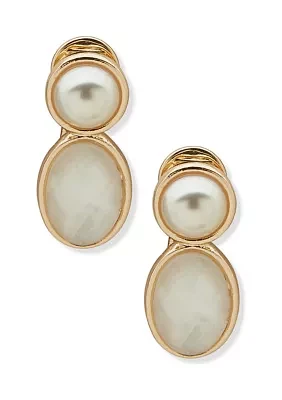 Gold Tone Pearl Stone Clip Earrings