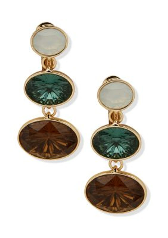 Gold Tone Blue Multi Set Stone Linear Clip Earrings