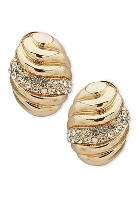 Gold Tone Crystal Oval Button Comfort Clip Earrings