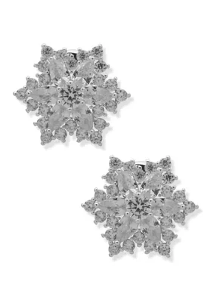 Silver Tone Cubic Zirconia Snowflake Button Comfort Clip Earrings