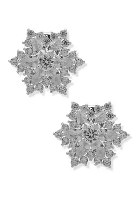 Silver Tone Cubic Zirconia Snowflake Button Comfort Clip Earrings