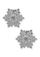 Silver Tone Cubic Zirconia Snowflake Button Comfort Clip Earrings