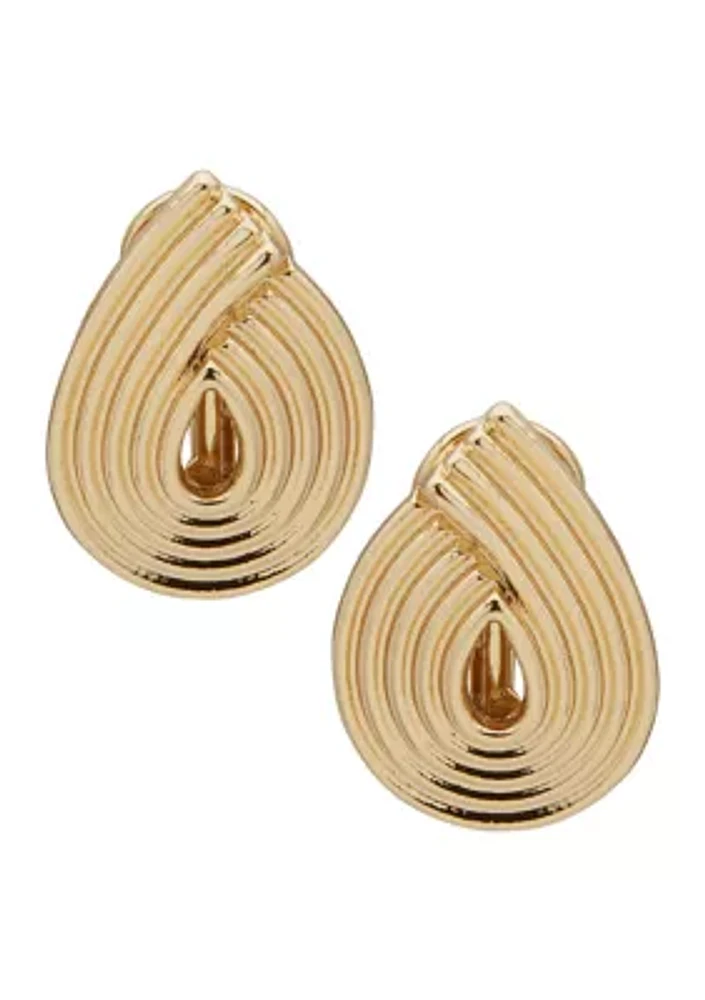 Gold Tone Swirl Teardrop Button Comfort Clip Earrings