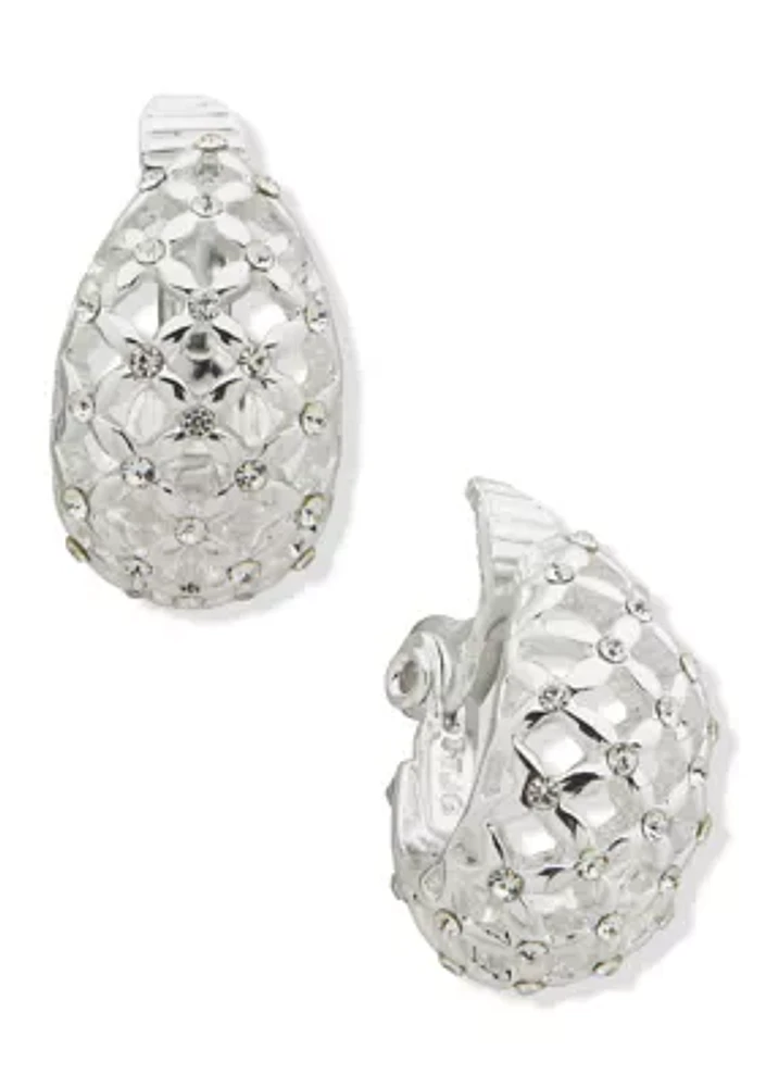 Silver Tone Crystal Mesh Button EZ Comfort Clip Earrings