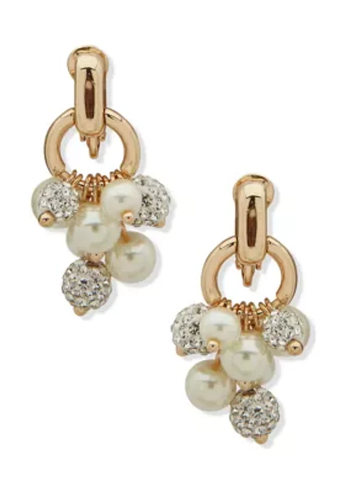 Gold Tone Pearl Crystal Shaky Cluster Drop EZ Comfort Clip Earrings