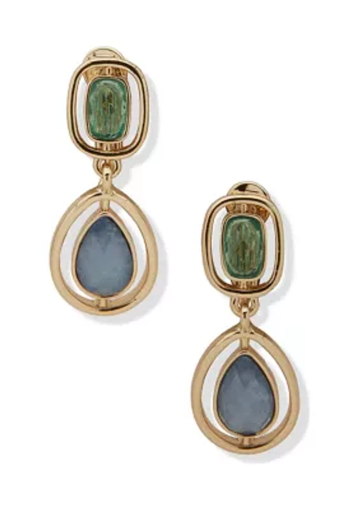 Gold Tone Multi Stone Double Drop EZ Comfort Clip Earrings