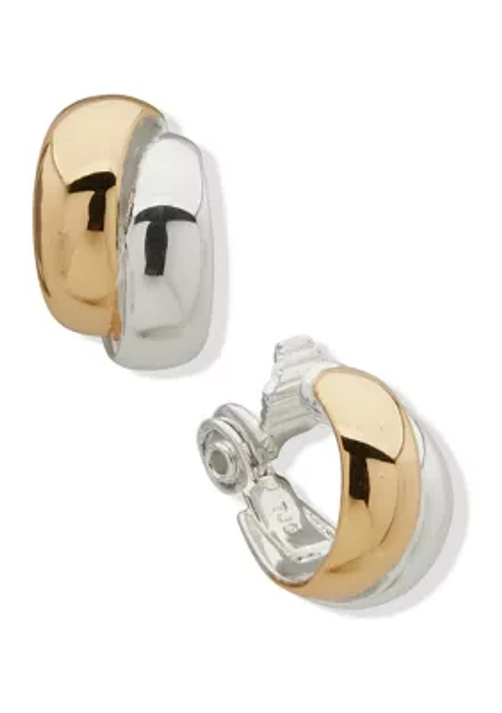 Two Tone 2 Row Button Hoop EZ Comfort Clip Earrings