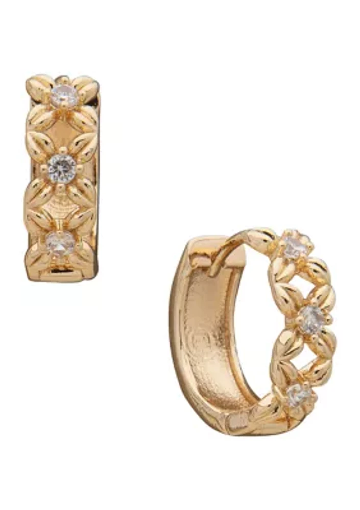 Gold Tone Crystal 12 Millimeter Floral Hoop Earrings