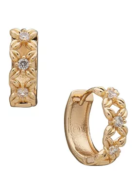 Gold Tone Crystal 12 Millimeter Floral Hoop Earrings