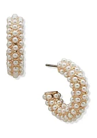 Gold Tone Pearl C Hoop Earrings