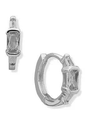 Silver Tone Cubic Zirconia Baguette Stone Huggie Earrings