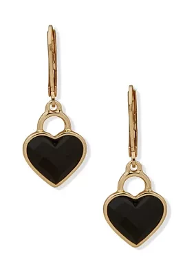 Gold Tone Black Heart Drop Earrings