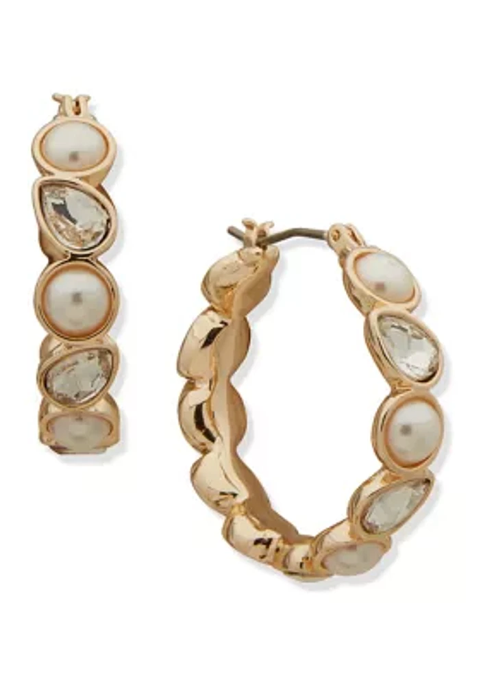 Gold Tone 29 Millimeter Stone with Pearl Clickit Hoop Earrings