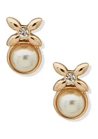 Gold Tone Crystal Button with Pearl Drop Earrings