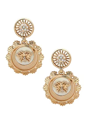 Gold Tone Pearl Bee Motif Drop Earrings