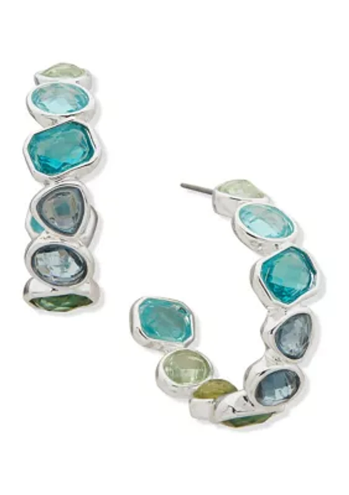 Silver Tone 32 Millimeter Blue and Green Stone C Hoop Earrings