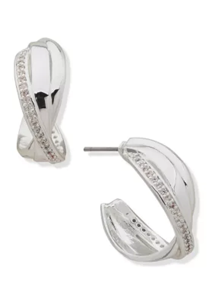 Silver Tone Crystal C Hoop Earrings