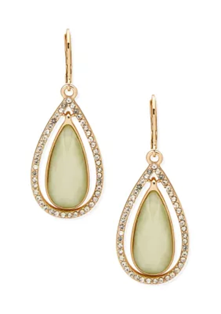 Gold Tone Green and Crystal Teardrop Orbital Earrings