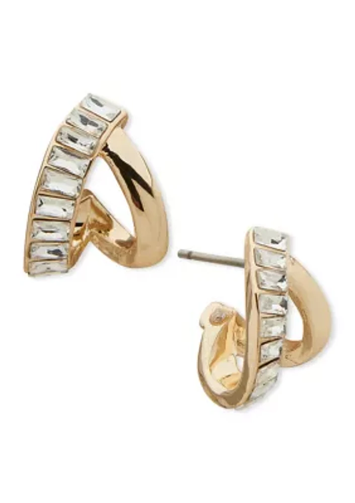 Gold Tone Crystal Button Baguette Stone Earrings