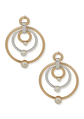 Gold Tone Pearl Post Multi Row Drop Earrings