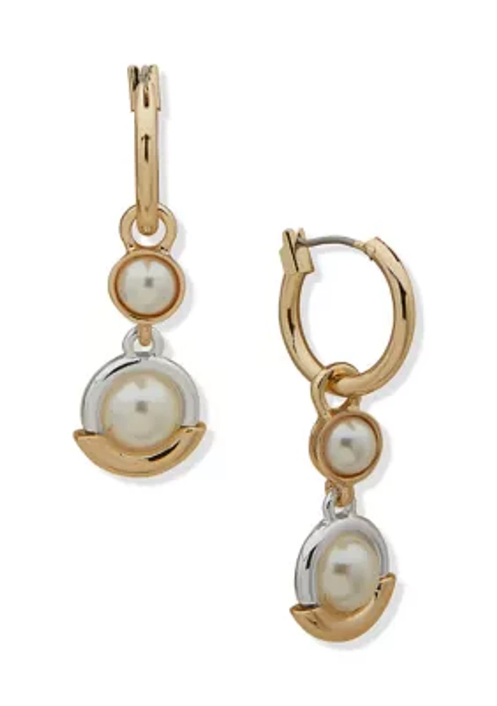 Two Tone Pearl Drop Hoop Earrings