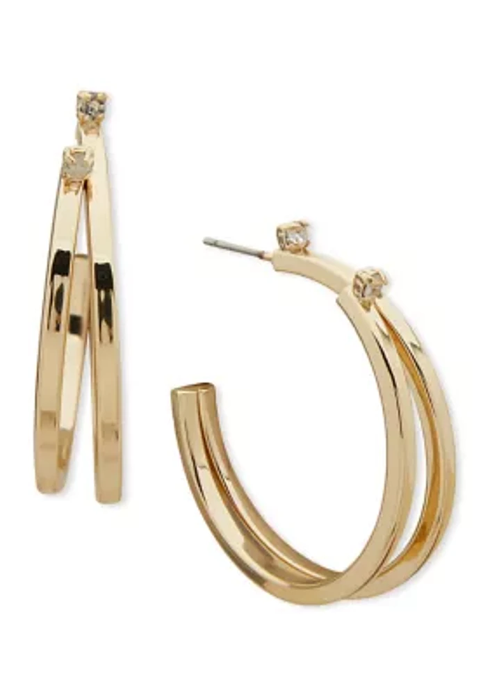 Gold Tone Crystal Double Row C Hoop Earrings