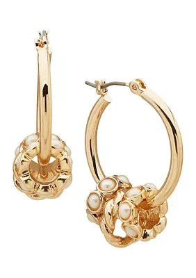 Gold Tone 28 Millimeter Pearl Click It Hoop with Rondell Charms Earrings