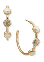 Gold Tone 36 Millimeter Crystal and Pearl C Hoop Earrings