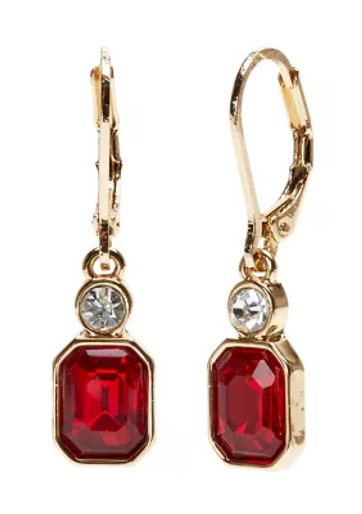 Gold Tone Red Stone Drop Earrings