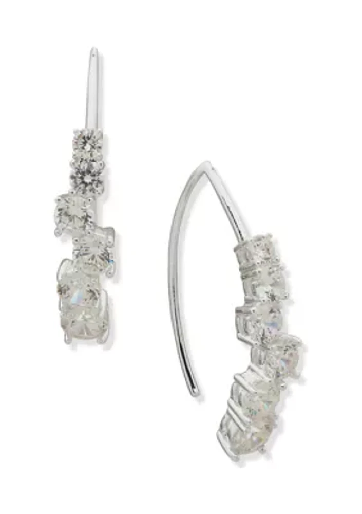 Silver Tone Cluster Stone Threader Earrings