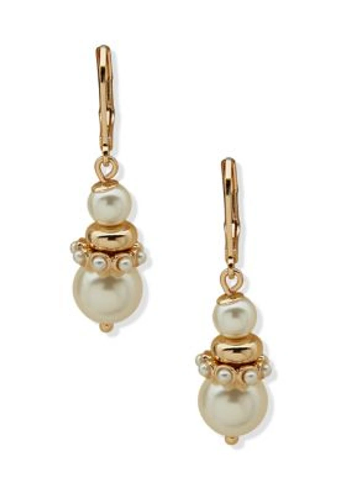 Gold Tone Pearl Snowman Drop Earrings