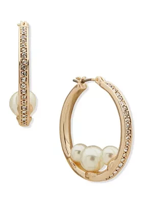 Gold Tone Pave Hoop Pearl Cluster Earrings