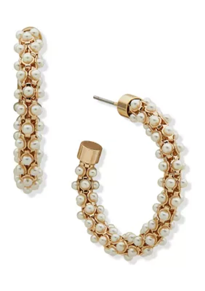 Gold Tone Pearl Cluster C Hoop Earrings