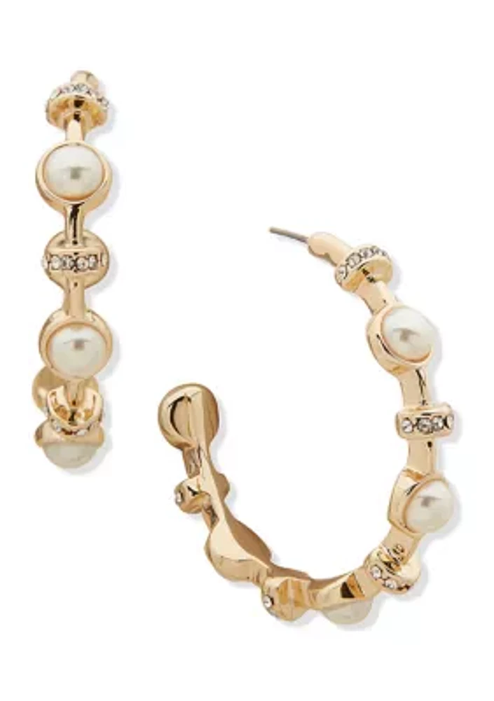 Gold Tone Stationed Pearl C Hoop Earrings