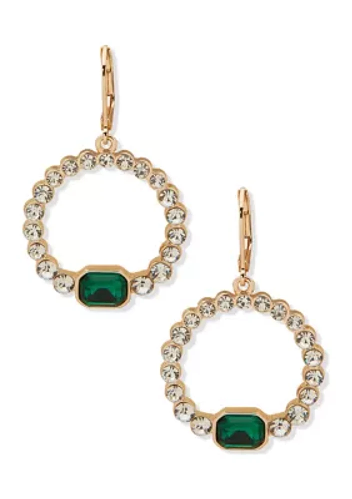 Gold Tone Emerald Open Circle Drop Earrings