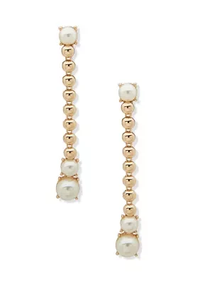 Gold Tone Pearl Dome Chain Linear Earrings