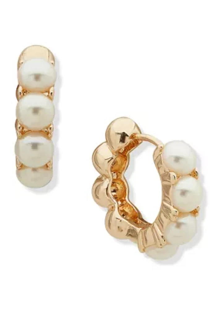 Gold Tone Pearl Dome Huggie Hoop Earrings