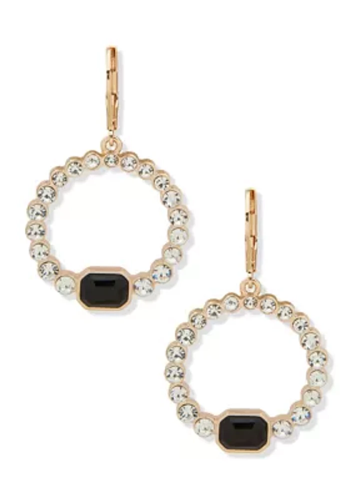 Gold Tone Jet Black Crystal Round Drop Earrings