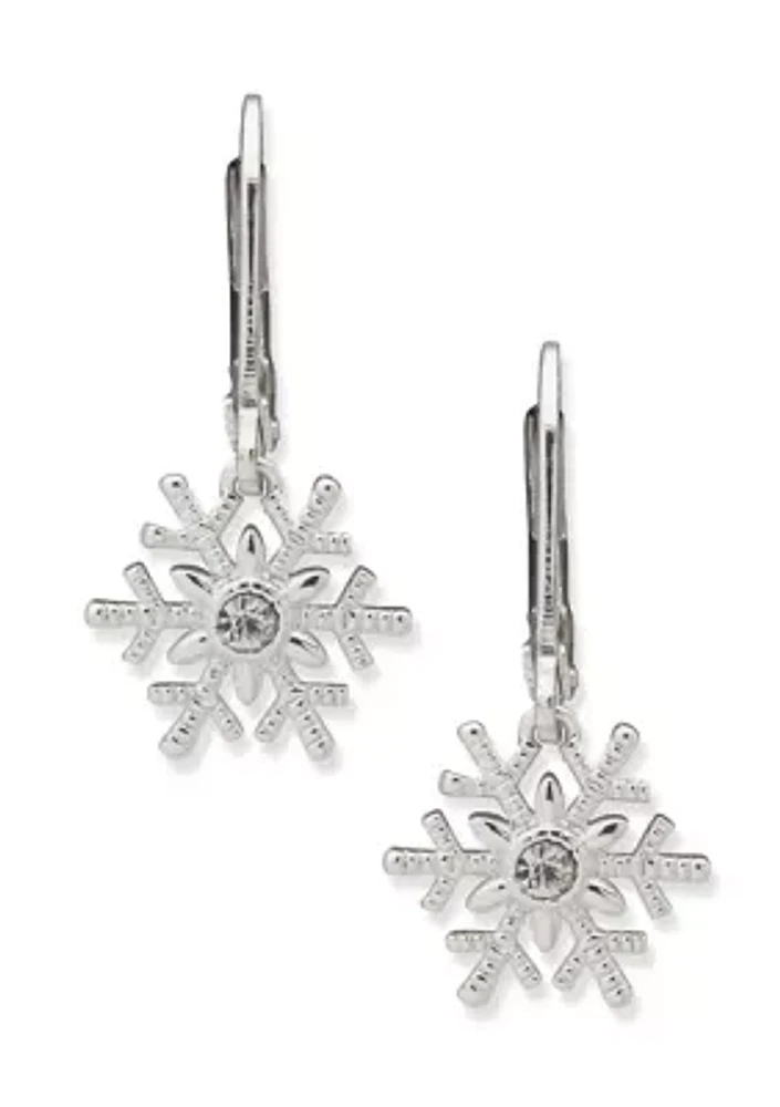 Silver Tone Cubic Zirconia Snowflake Drop Earrings