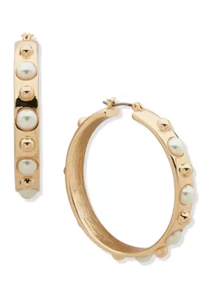 Gold Tone Pearl Metal Hoop Earrings