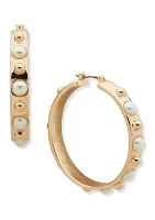 Gold Tone Pearl Metal Hoop Earrings