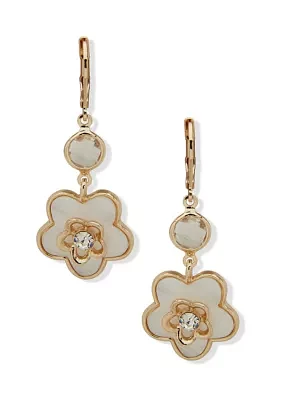 Gold Tone White Flower Motif Drop Earrings